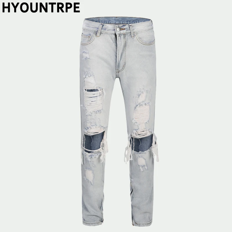 Jeans en denim déchirés pour hommes avec fermeture éclair astronomique, jeans de motard minces, déchirés, détruits, trous au genou, streetwear, pantalons hip hop, joggeurs, nouvelle mode