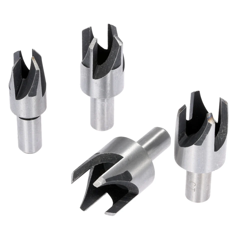 4pc Wood Plug Cutter Cutting Tool Set Tapered Taper Drill Bit Dowel Maker Tool Shank Drill Bit Four-Tooth Tenon Plug Hole Cutter