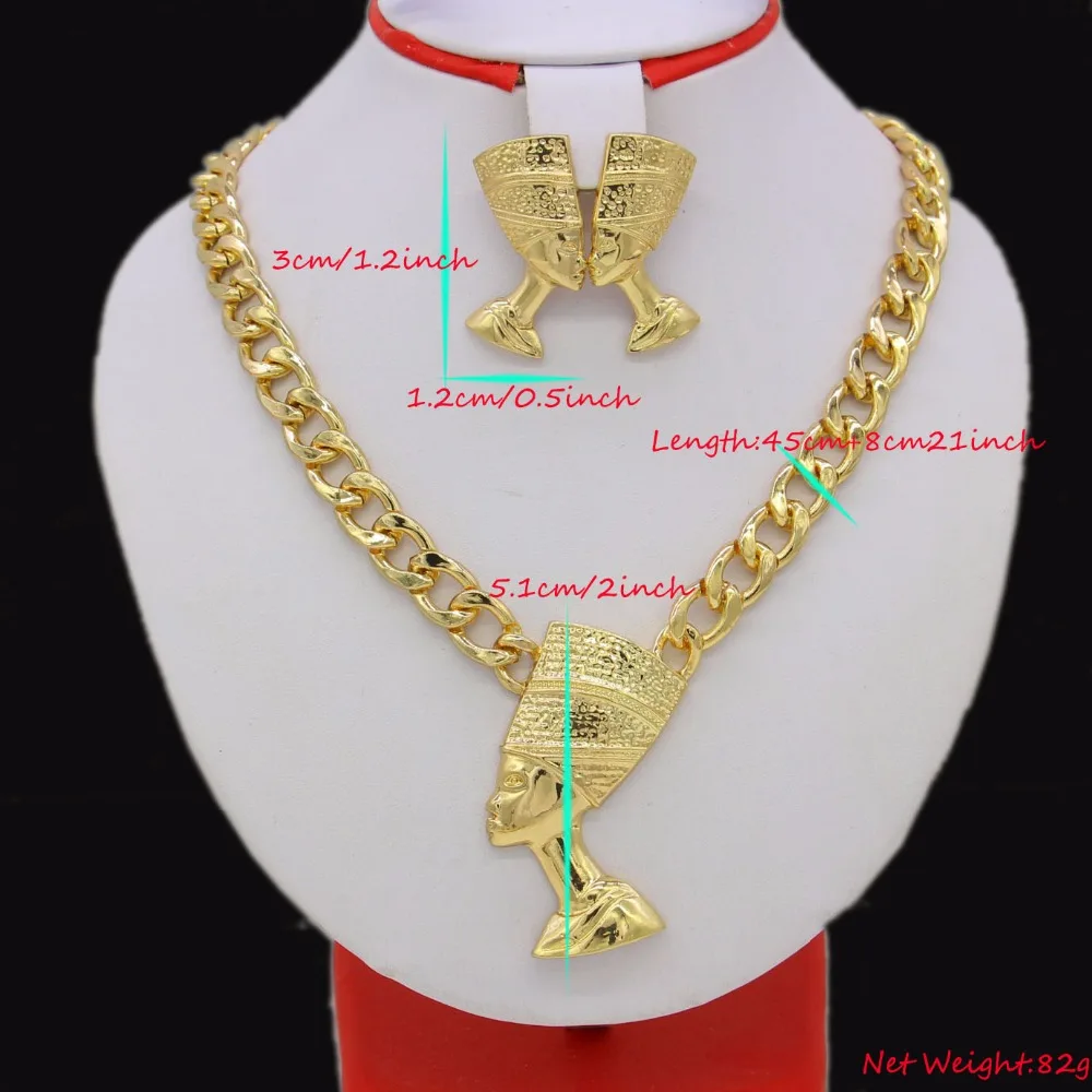 Adixyn Big Size Egyptian Queen Nefertiti Pendant Gold Color Thick Chain Earrings Jewelry Sets Africa Egypt Items