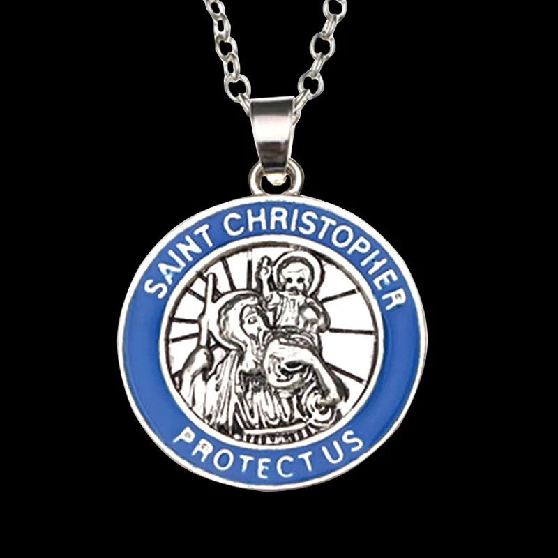 Neue Design St. Christopher Anhänger Schmuck Großhandel Hohe Qualität Blau Emaille Halskette Vintage Kette Halskette Für Männer