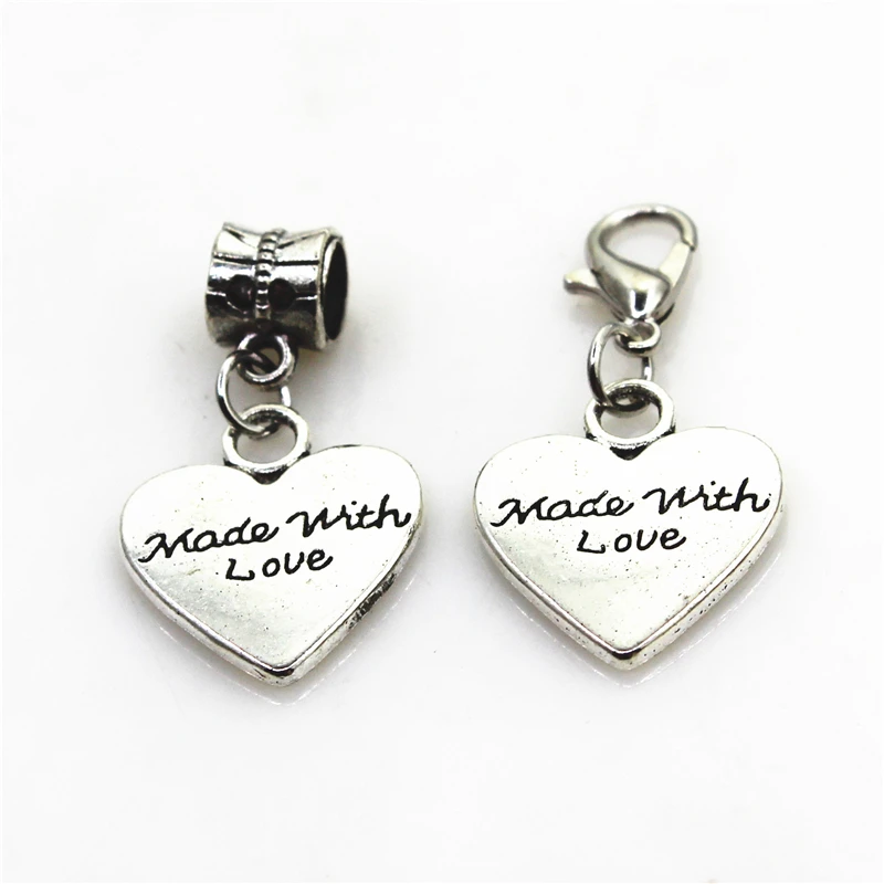 

New 30pcs/lot Silver Made with love Heart dangle charms lobster clasp hanging charms diy bracelets Bangles jewelry accessories