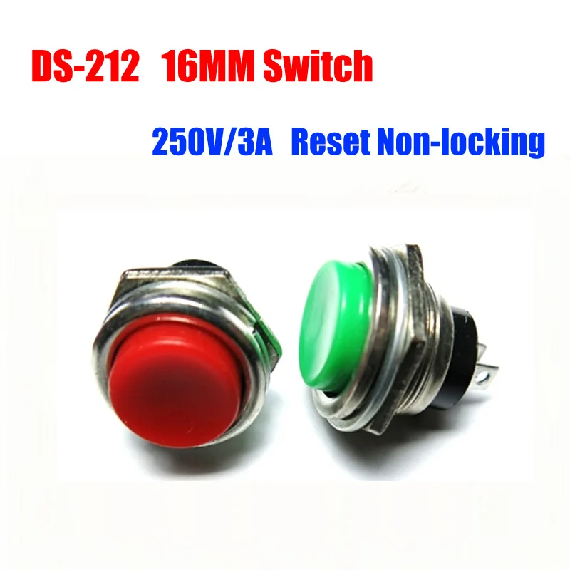 Free Shipping 50pcs/lot DS-212 Push Button Switches 250V/3A Round Button 16mm DS 212 Reset Non-locking Switch