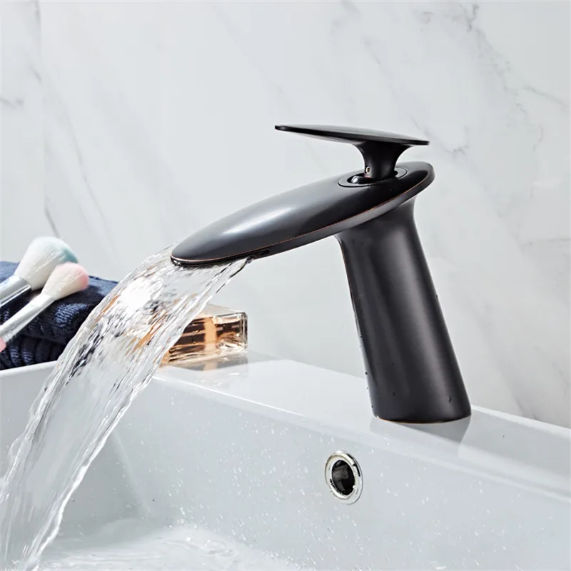 

Basin Faucet Bathroom Brass Sink Mixer Tap Hot & Cold Waterfall Faucet Single Handle Deck Mounted Black/Chrome Lavatory Crane