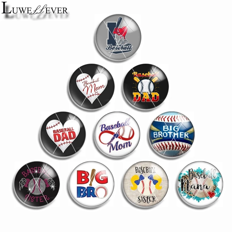 10mm 12mm 14mm 16mm 20mm 25mm 441 10pcs/lot US Baseball Mix Round Glass Cabochon Jewelry Finding 18mm Snap Button Charm Bracelet