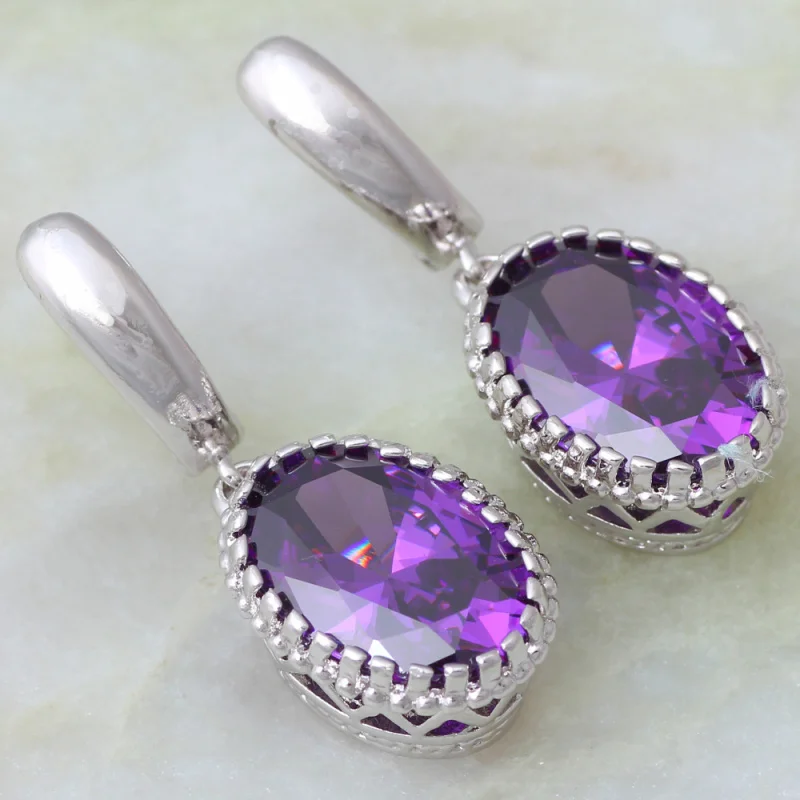 Purple Crystal Purple Cubic Zirconia Silver Color Pendants/Ring/Earrings Womens Jewelry Set Size 6 7 8 9 S271