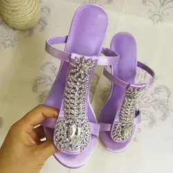 Summer Toon Purple Satin Slipper Sandals Women Rhinestone Jeweled T-strap High Heels Peep Toe Ladies Party High Heels Slide Shoe