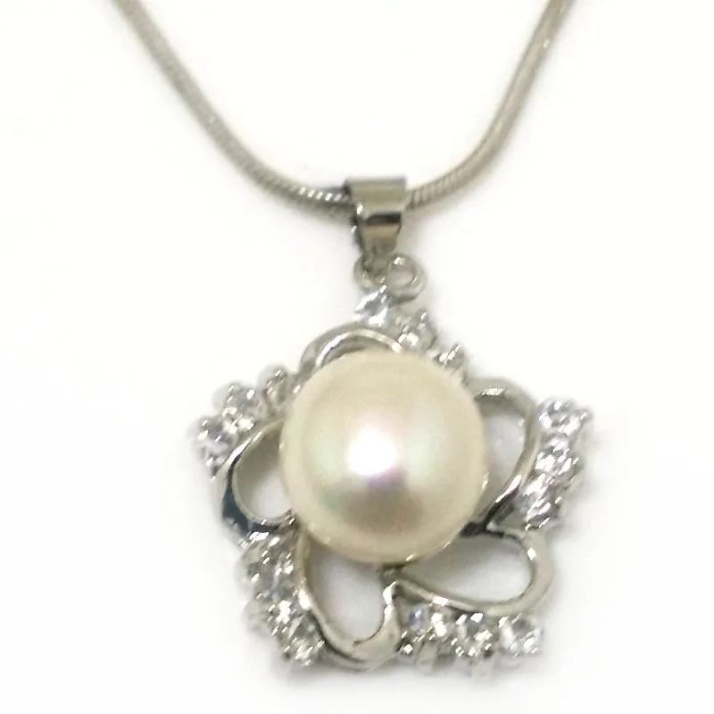 18 inches Snowflake Style 11-12mm Natural White Button Pearl 925 Sterling Silver Pendent Necklace with Zirconia