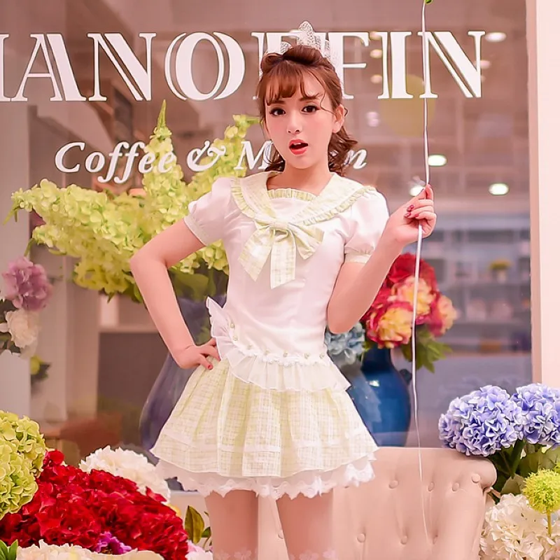 Princess sweet lolita blouse Candy rain summer Japanese style cute College style lapel grid chiffon blouse skirt W43