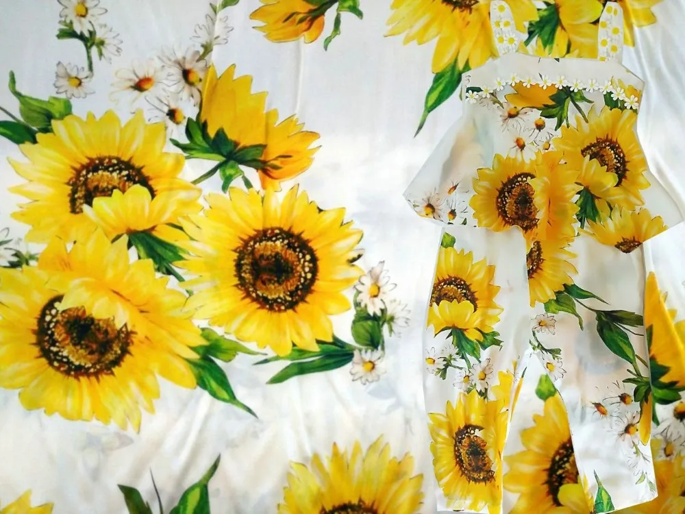 Tissu Couture Wide Cloth Super High Digital Print Sun Flowers Floral Satin Crepe 100%Natural Silk Fabrics For Dress Dubai Fabric