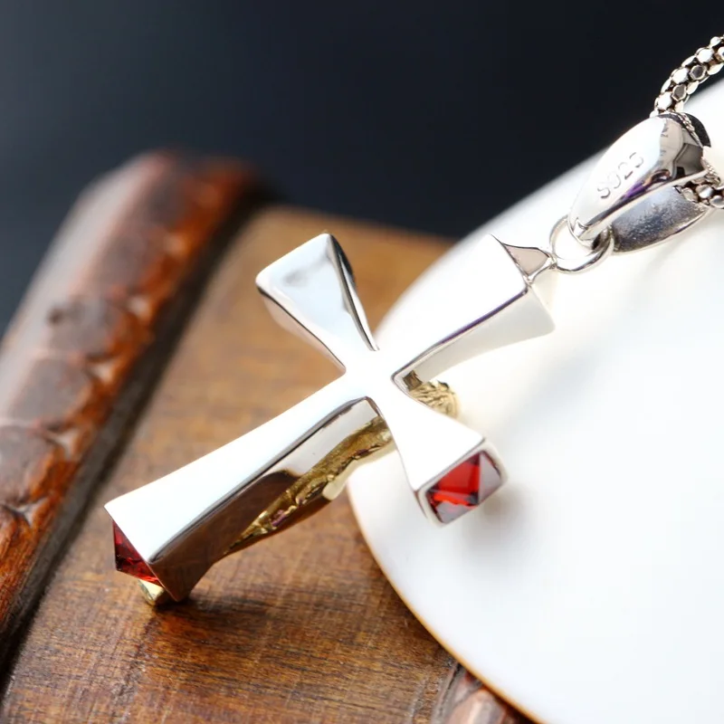 BOCAI S925 Sterling Silver Pendant for Men Women Jesus Cross Vintage Red Zircon New Fashion Popular Amulet Jewelry