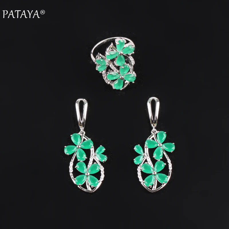 PATAYA New Light Blue Flowers True White Gold Color Jewelry Sets Natural Zirconia Ring Long Earring Set Women Romantic Jewelry