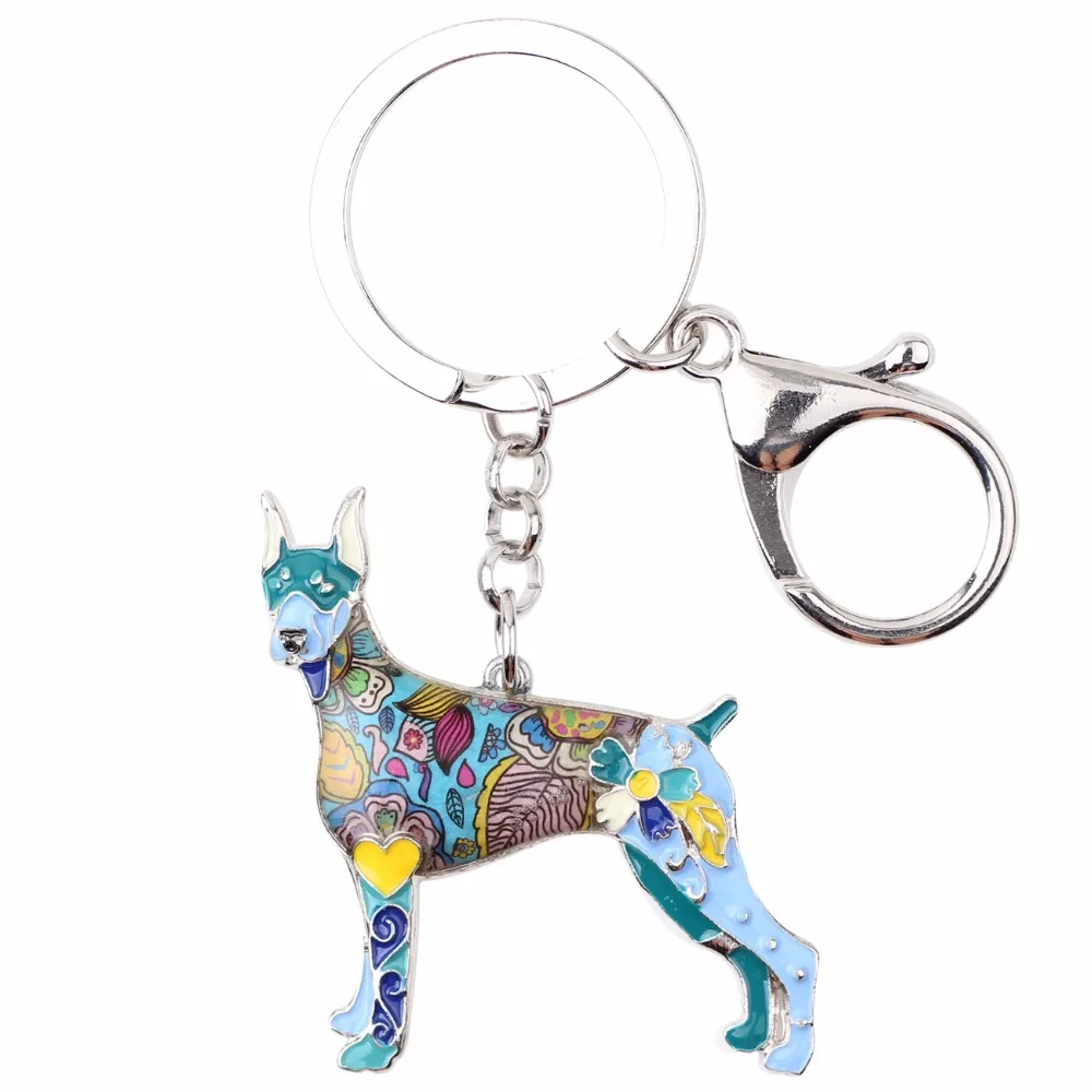 Bonsny Enamel Alloy Doberman Dog Key Chain Keychains Rings Unique Animal Jewelry For Women Girls Bag Pendant Car Holder Gift New