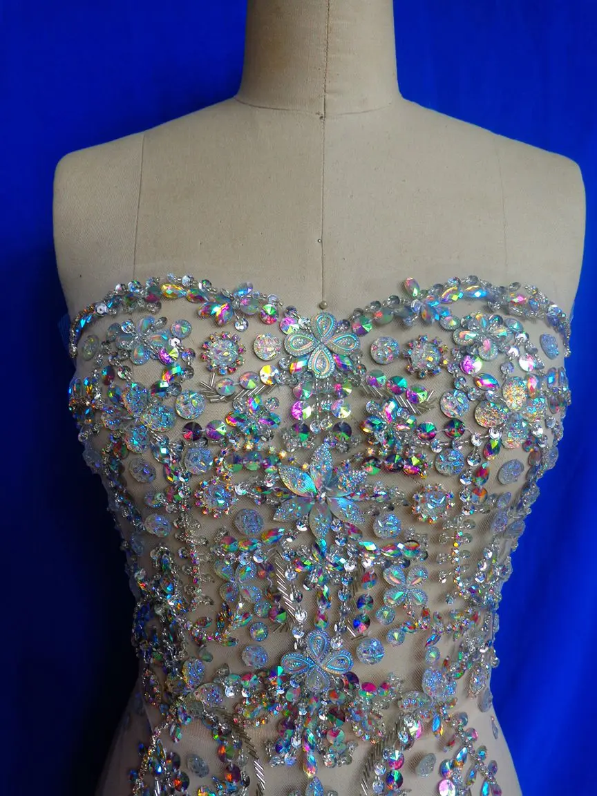 A15 Hand made crystals trim patches clear AB colour sew on Rhinestones applique 48*32cm for top dress skirt DIY accessory