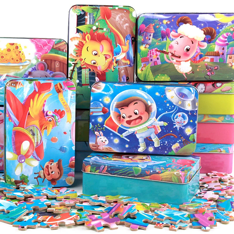 60 Pcs/Box Cute Cartoon Puzzle with Iron Box for Children Jigsaw Wooden Animal Puzzle Early Educational Toys for Kids Gift