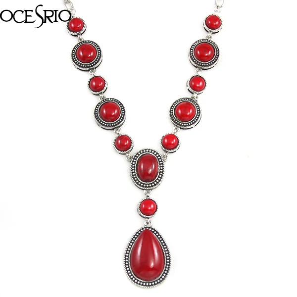 Retro Red Stone Y Necklace Tear Drop Silver Color Long Chain Y Necklace Pendant Silver Chain Necklaces jewelry nke-a098