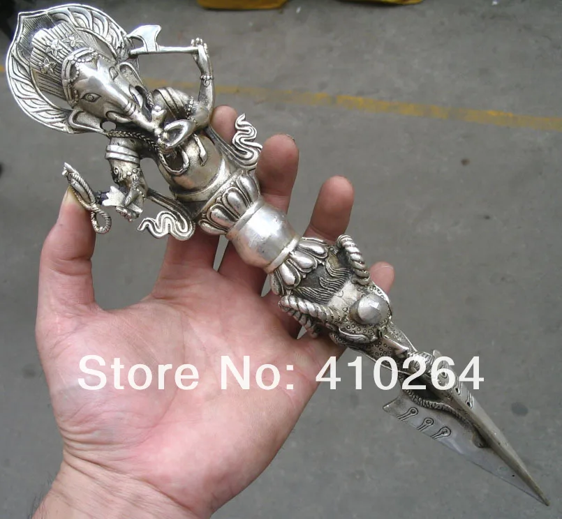 Chinese silver dragon RUYI good luck tool 4 arm Elephant Buddha Statues