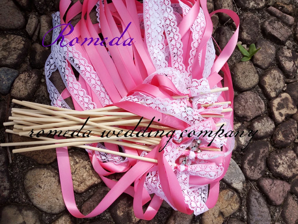 (50Pieces/Lot)Style D dark pink ribbon with white lace wedding wands with bell  Wedding Ribbon Stick,ribbon Twirling Streamers