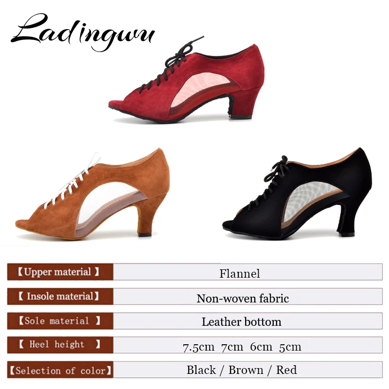 Ladingwu flanela e malha sapatos de dança latina mulher salsa sapatos de dança vermelho feminino sapatos de salão de dança salto inferior macio