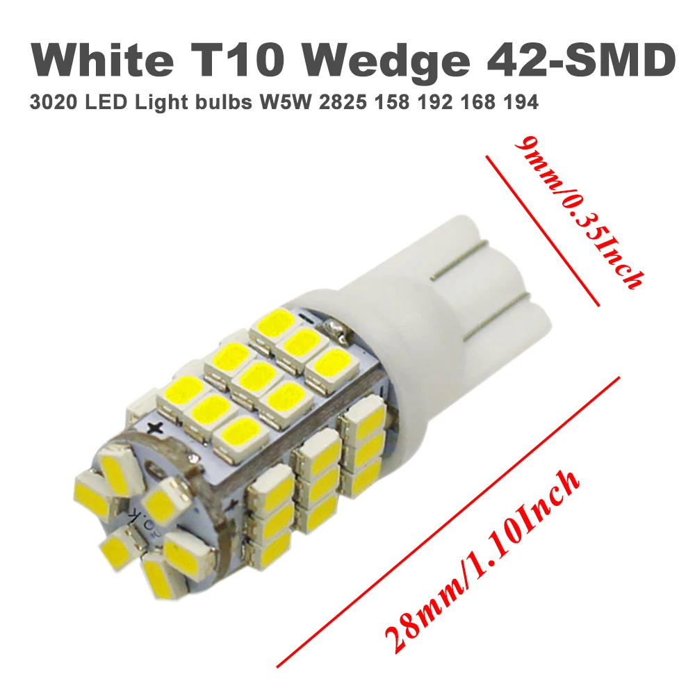 T10 Bulb W5W LED 501 194 168 W5W Bulb White LED 42 SMD 3020 SMD LED Car Clearance Light Dome Light License plate Light 12V 10pcs