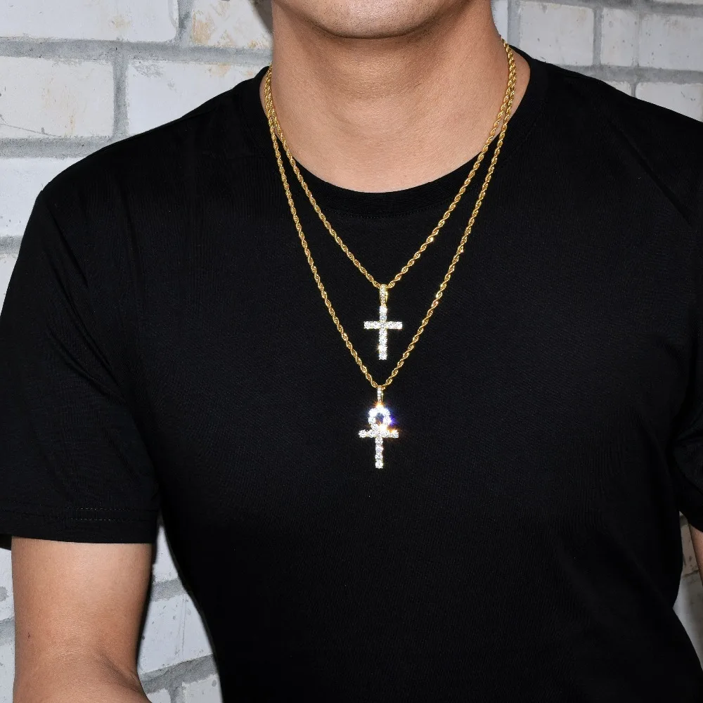 Bubble Letter Ankh Cross Jewelry Set Gold Color Copper Material Men\'s Women\'s  Hip Hop Jewelry Necklace