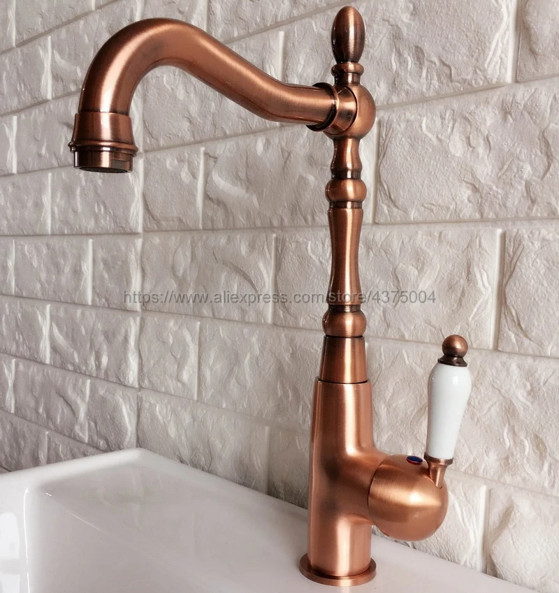 

Antique Red Copper Bathroom Sink Basin Faucet Single Ceramic Handle Single Hole Deck Mounted basin tap Nnf419