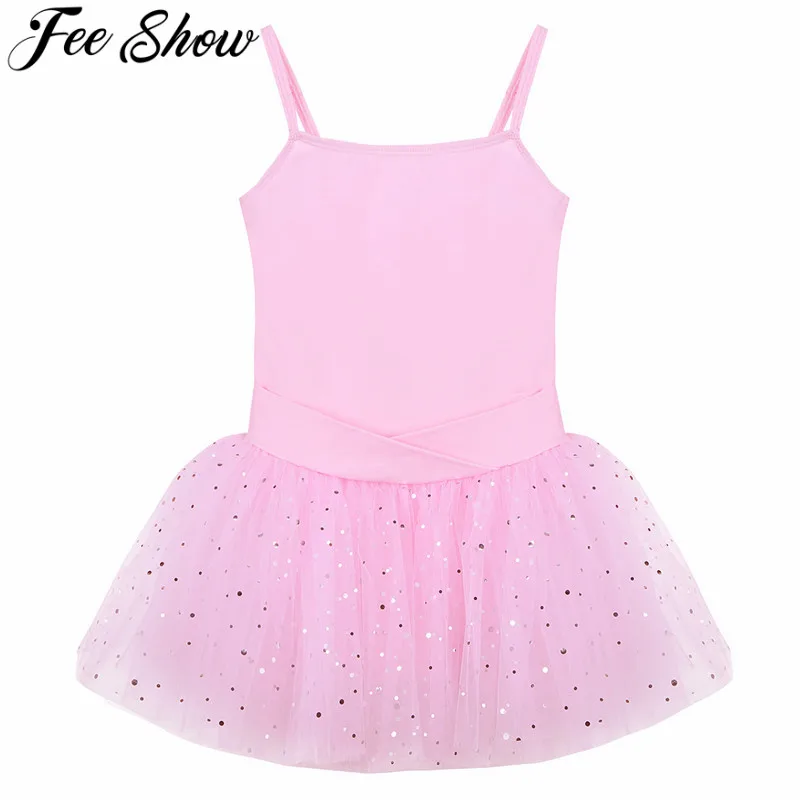 Kids Children Girls Sleeveless Sequins Tulle Ballet Dance Gymnastics Leotard Tutu Dress for Ballet Class Performance Exercise