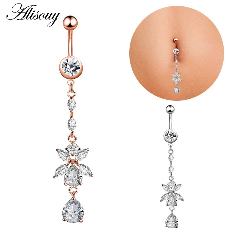 1ชิ้นใหม่เพทายแฟชั่นผ่าตัดสแตนเลสสะดือเจาะดอกไม้จี้ปุ่มท้องแหวนเจาะท้องร่างกายเครื่องประดับ