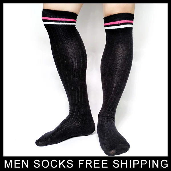 Hot Sale Mens Long Socks Sexy Hose Cotton Black Striped Over Knee For Stage Formal Dress Stocking Winter Autumn