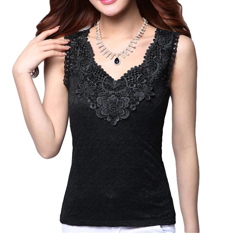 Women\'s Summer Sexy Blouse Shirt Elegant Sleeveless Black Crochet Lace Shirt Tops and Blouses Women Blusas Camisa Vest Plus Size