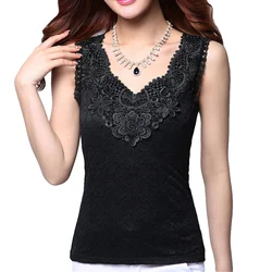 Women's Summer Sexy Blouse Shirt Elegant Sleeveless Black Crochet Lace Shirt Tops and Blouses Women Blusas Camisa Vest Plus Size