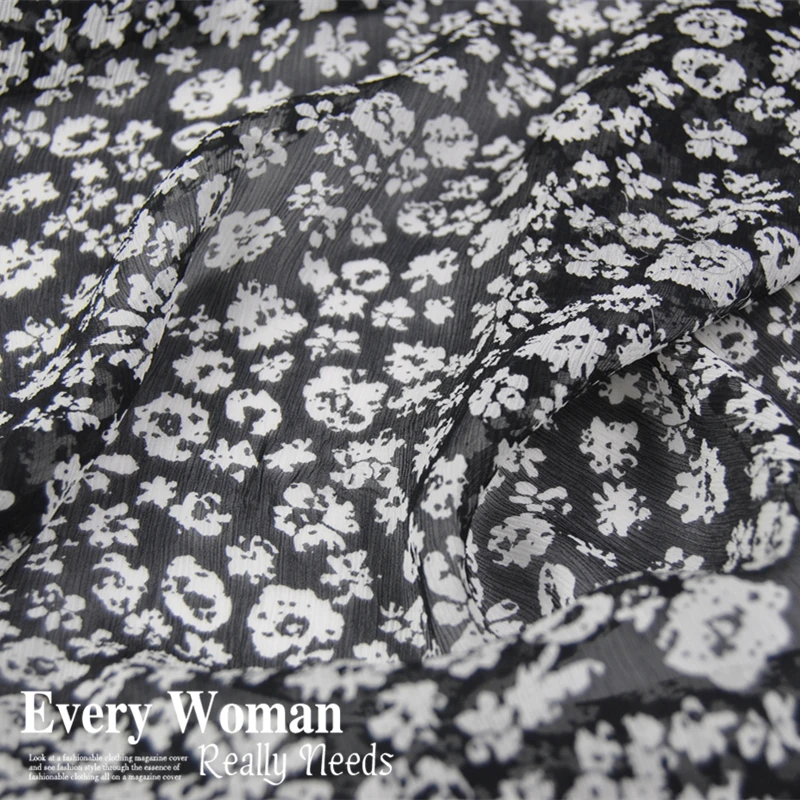 

Silk Georgette Chiffon Fabric Dress Black White Flowers 100% y Fold Its Yarn Scarves Cheongsam Dress 50cm