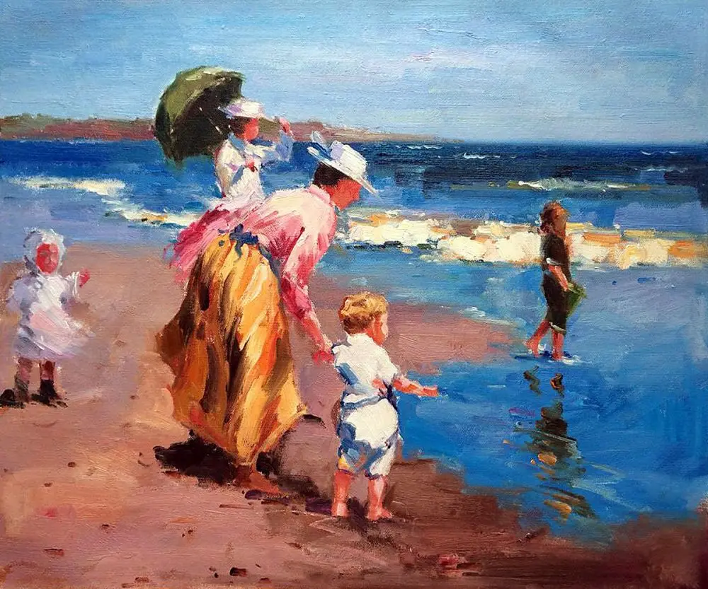 Hand Painted Fine Art At the Beach by Edward Potthast Oil Painting for Home Decoration Impressionist Canvas Painting Portrait