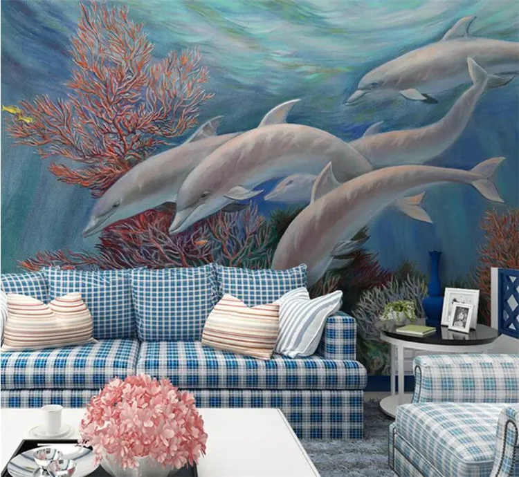 Kustom 3D Wallpaper Non Woven Anak Foto Mural Wallpaper Roll Laut Kartun Dolphin Dekorasi Rumah untuk Kamar Anak Kamar Tidur