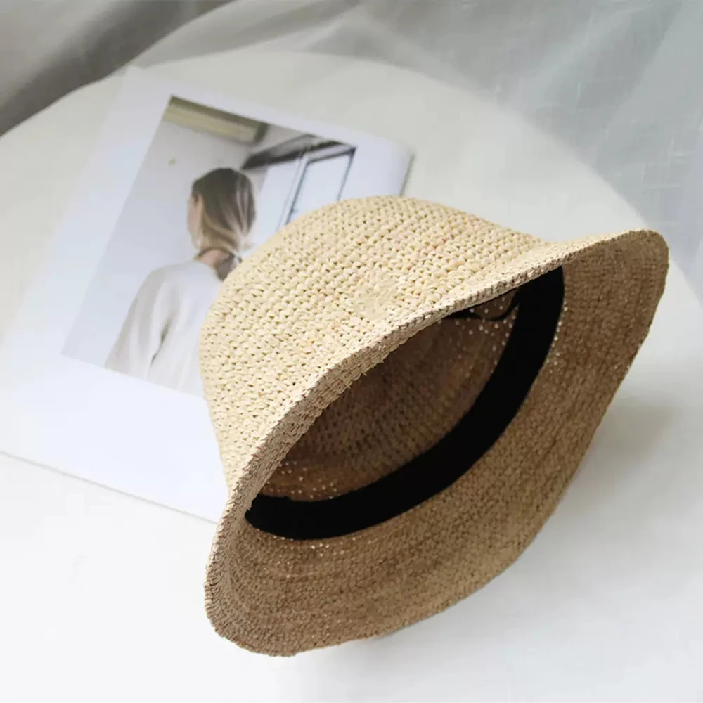 Hand made Summer Hats For Women Straw Sun Hat Bucket cap Raffia Lady Girls Panama Beach Hats Floppy Female Travel Folding Cap