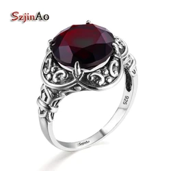 Szjinao Byzantine Style Female Ring Garnet 925 Sterling Silver Engagement Wedding Band Ring for Women Medieval Pattern