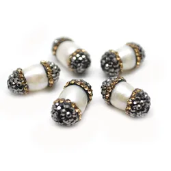 Paved Gold color Crystal Natural White Pearl Potato Tube Loose Beads DIY Jewelry Supplies 10pc per lot