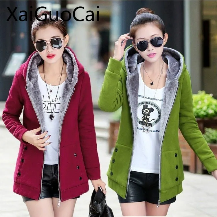 Womens Jackets Autumn and Winter Casual Female Slim Jackets Plus Velvet Thickening Long Section Cardigan Hooded Hoodies