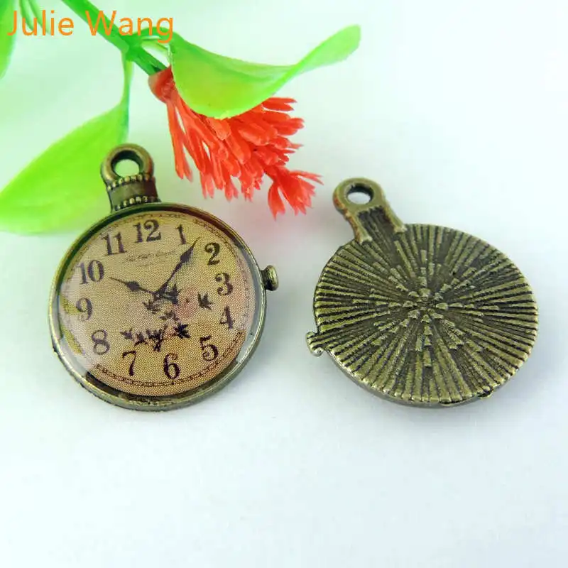 Julie Wang 5/10/20PCS Clocks Pocket Watch Charms Antique Bronze Alloy Pendants Necklace Jewelry Making Accessory Suspension