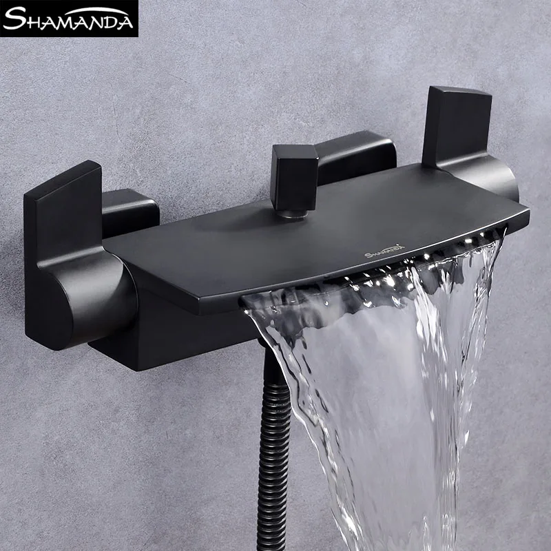 

Solid Brass Chrome Dual Holders Waterfall Bathtub Faucet Balck Wall Mounted Bathroom Mixer Tap Shower Set with Sliding Bar