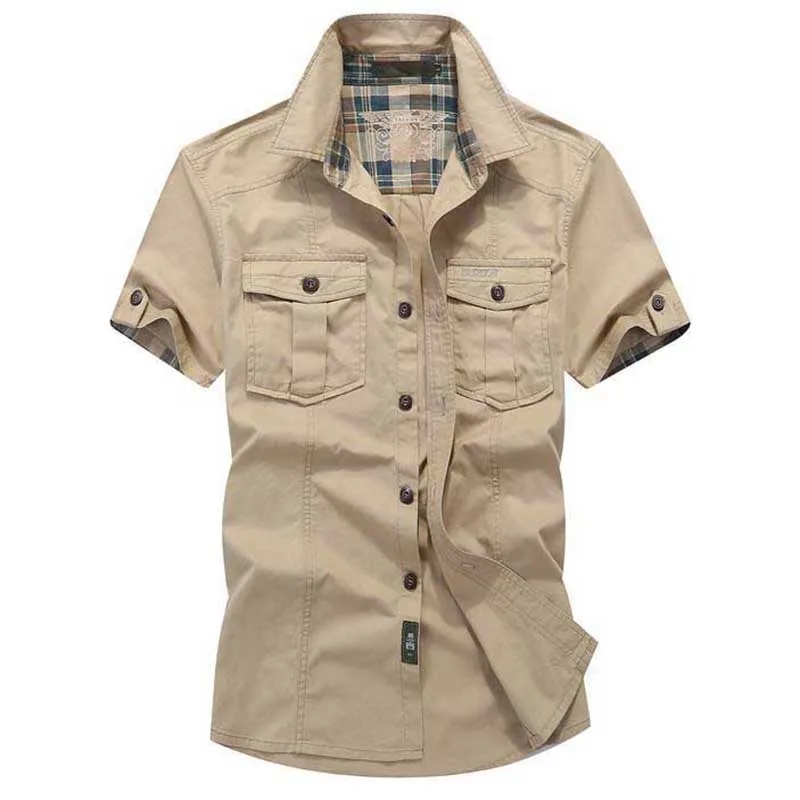 New Fashion Men Shirts for Summer Cotton Military Loose Baggy Army Shirts Short Sleeve Cargo Shirts Big Size Male Clothing