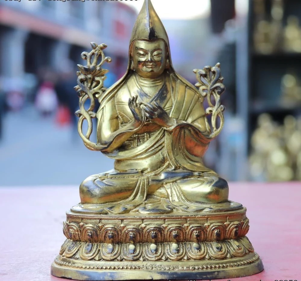 Free shipping 21cm Tibet Buddhism Old Temple Copper Gilt Guru Tsongkhapa Tsong-Kha-Pa Buddha statue