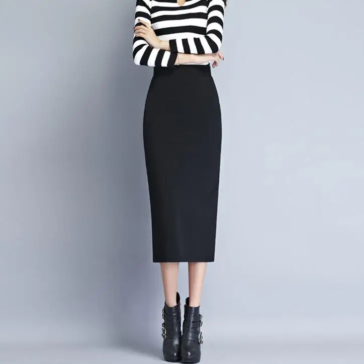 

New Women England Style Elastic High Waist Package Hip Pencil Skirt After Split Plus Size S-5XL