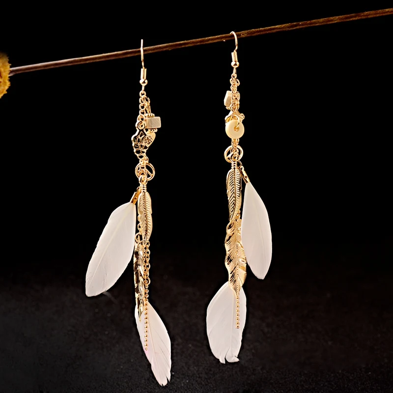 Bohemian Gold Color Long Alloy Tassel Earrings Women Kolczyki Vintage Wood Beads Feather Statement Earrings Fashion Jewelry 2019