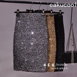 Cakucool-Falda de tubo elástica para mujer, falda Sexy de color caqui y plateado con lentejuelas, estilo imperio coreano, color dorado, Lurex