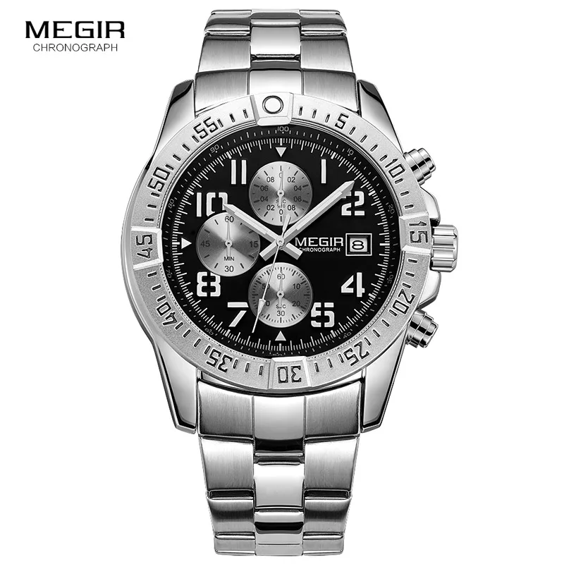 Megir Mens Chronograph Stainless Steel Quartz Watches Fashion Waterproof Luminous Round Dial Wristwatch for Man with Date M2030