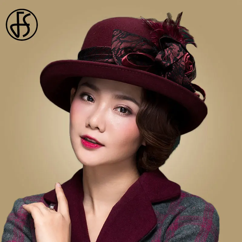 FS Vintage Black Wool Cloche Hats Wide Brim Fedora Hat For Women Flower Red Brown Felt  Winter Bowler Cap Chapeau Feutre Femme