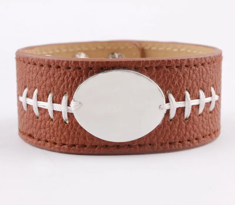 

ZWPON Fashion Brown Leather Baseball Sport Bracelets Monogram Blank Snap Button Cuff Bracelets Bangles Women Men Jewelry