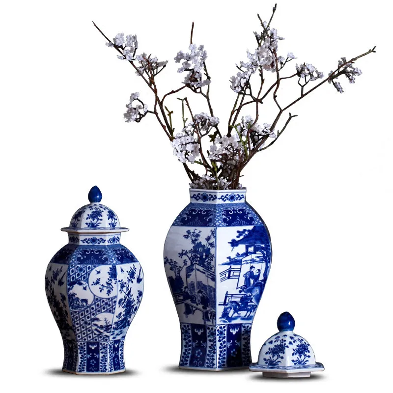 Chinese Classical Antique Handmade Blue and White Hexagon Porcelain Ginger Jar Hotel Villa Art Decorations