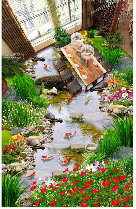 Custom Photo Floor 3D Wallpaper Modern Art The stream grass fish  self-adhesive PVC Wallpaper