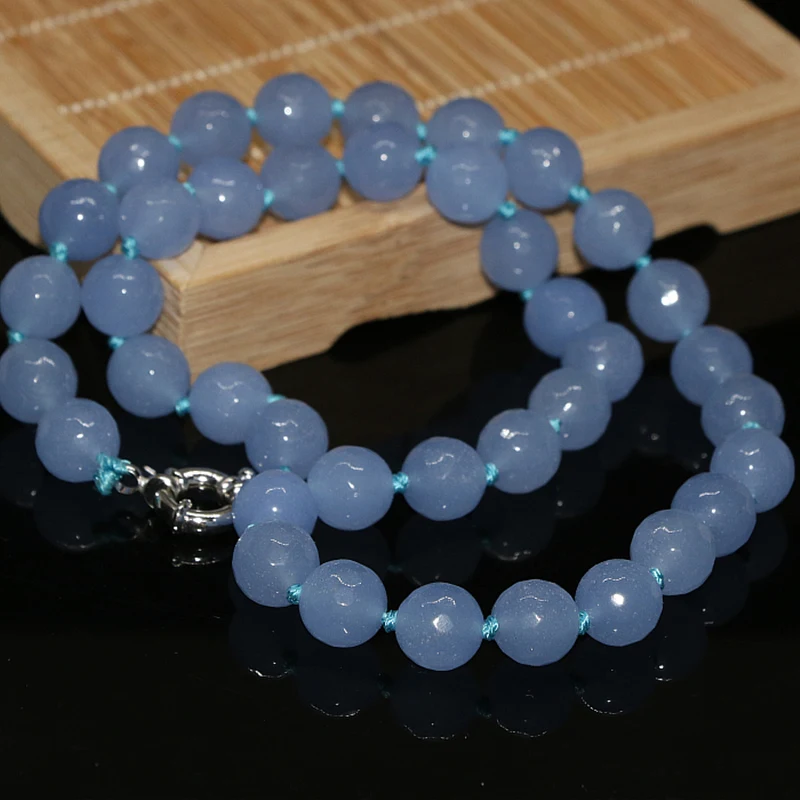 Hot blue 10mm faceted round beads stone jades beads  chalcedony whoelsale price high grade necklace for women 18inch B1014